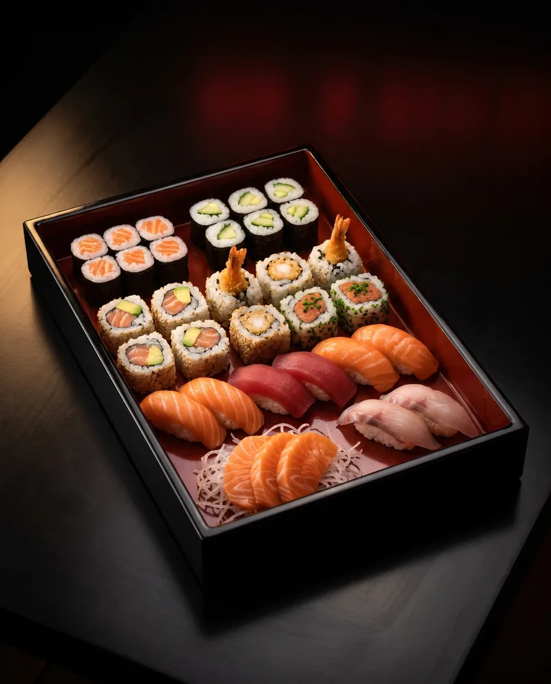 Le Grand Plateau : makis, trois california, nigiris et sashimis de saumon dans un grand plateau laqué noir et rouge