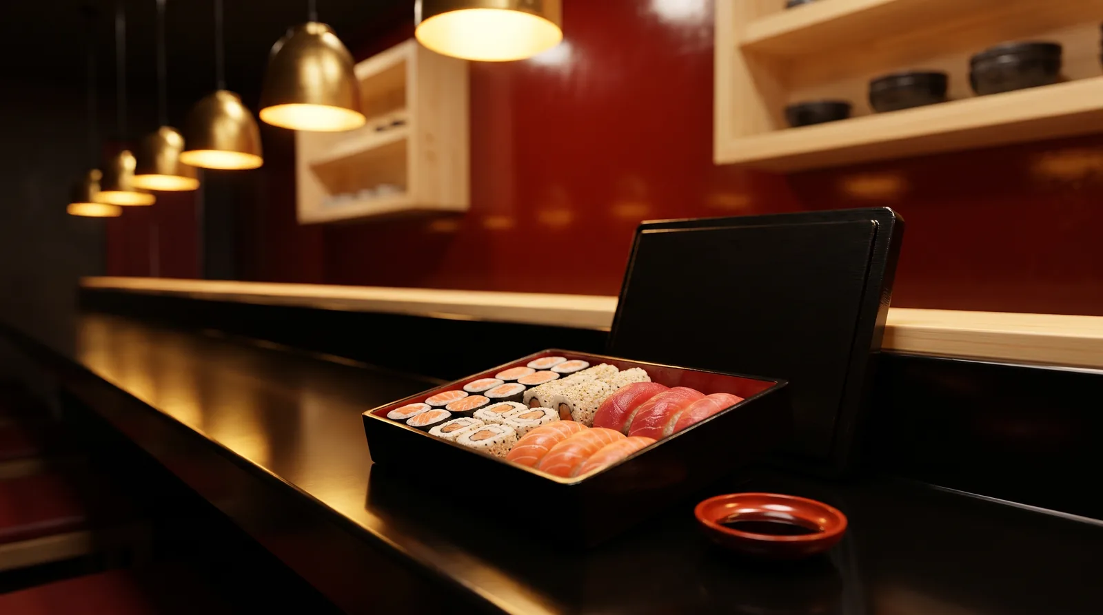 Le comptoir de Noriya le soir : une boîte laquée noire et vermillon remplie de makis, california et nigiris, prête à emporter, une coupelle de sauce soja, lampes dorées et mur laqué vermillon au fond